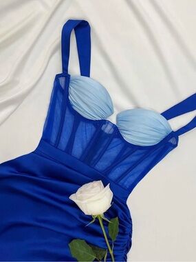 Blue Two-Tone Mesh Bustier Midi Dress